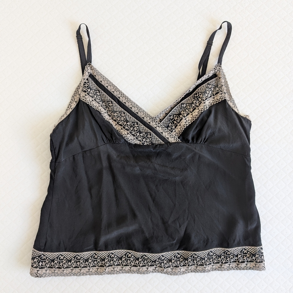 Lucky Brand Y2K Black Lace Trim Silk Spaghetti Strap Cami Coquette, size L